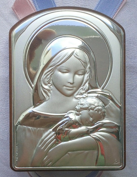 Cadeau baptême Vierge à l'Enfant métal argenté embossé